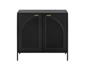 Sunpan Aziza Nightstand: Timeless Black Metal Frame with Brass Handles & Unique Arched Shelving Design