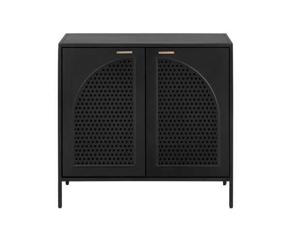 Sunpan Aziza Nightstand: Timeless Black Metal Frame with Brass Handles & Unique Arched Shelving Design