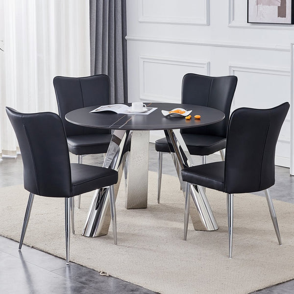 English Elm 42-inch Sintered Stone Round Dining Set with 4 Black PU Chairs, Mirror-Polished Steel Base, Modern Luxury W1512S00115