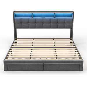 English Elm King LED Linen Platform Bed with Headboard Storage, 2 Drawers, Fast Charging & Mood Lights W1550P190363