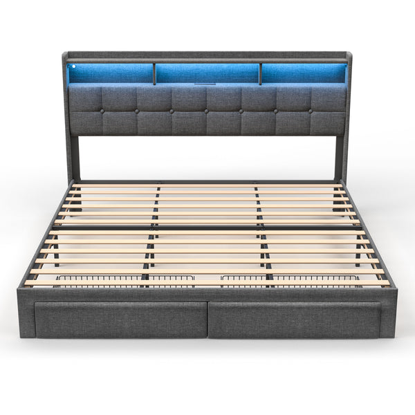 English Elm King LED Linen Platform Bed with Headboard Storage, 2 Drawers, Fast Charging & Mood Lights W1550P190363