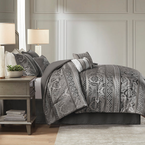 JLA Home Madison Park - 7 Jacquard Comforter Set with Luxe Textured Weave, Leaf and Ironwork Motifs, 7-Piece Tailored Ensemble 90 L x 90 W x 1.5H MP10-4882