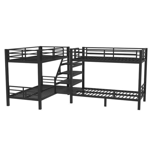 English Elm Twin L-shaped Steel Bunk Bed with Built-in Shelving and Full Guardrails Matte Black W1580S00439