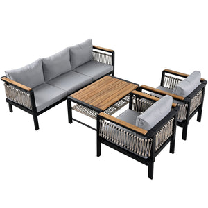 English Elm 4 Pieces Outdoor Sectional Sofa Set with Water-Resistant Cushions, Woven Rope Detail & Acacia Table Grey N719Z000130E