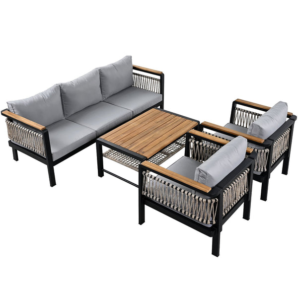 English Elm 4 Pieces Outdoor Sectional Sofa Set with Water-Resistant Cushions, Woven Rope Detail & Acacia Table Grey N719Z000130E