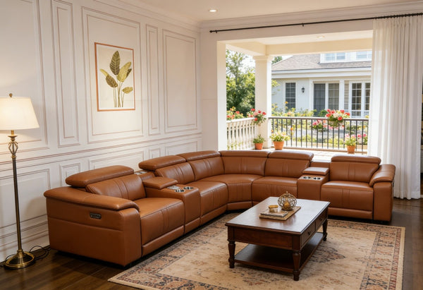 English Elm Power Reclining Sectional with Bluetooth Audio Led Lighting and Wireless Charging Tech Leather Brown W3795S00019