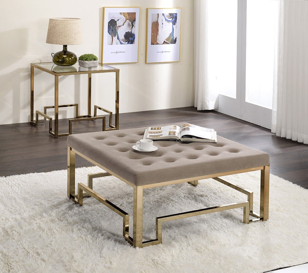 English Elm Damien Square Cocktail Ottoman Beige Upholstered Top Champagne Geometric Metal Base B2726P453249