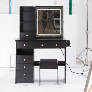 English Elm 37" Vanity Table Set with Led Mirror Stool Built-in Outlets and Hair Dryer Storage Black W3258P448840