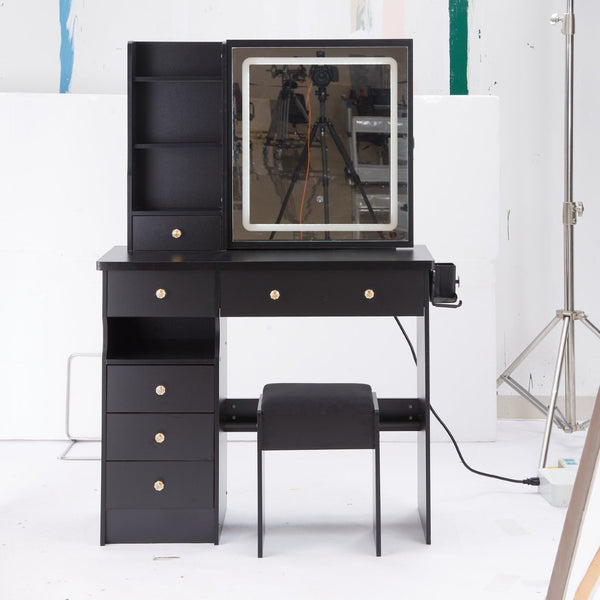English Elm 37" Vanity Table Set with Led Mirror Stool Built-in Outlets and Hair Dryer Storage Black W3258P448840