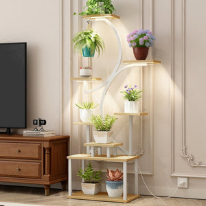 English Elm Plant Stand with Full Spectrum Grow Lights 8 Tier S Shaped Iron Corner Display Rack White+Natural W2641P446508