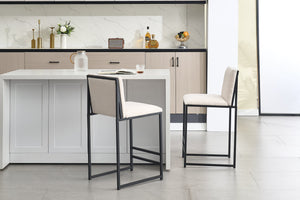 English Elm Counter Height Bar Stools Set of 2 Upholstered Linen Seats with Metal Frame & Cushion Comfort for Kitchen Bar and Dining Room Ivory W1249P257011