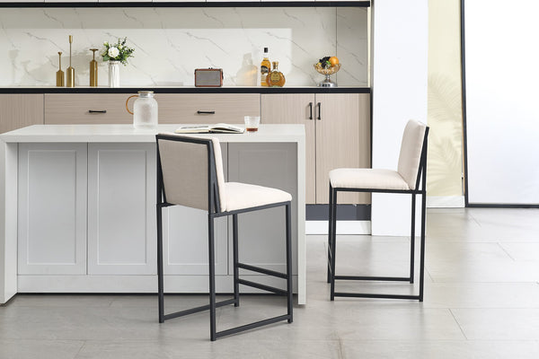 English Elm Counter Height Bar Stools Set of 2 Upholstered Linen Seats with Metal Frame & Cushion Comfort for Kitchen Bar and Dining Room Ivory W1249P257011