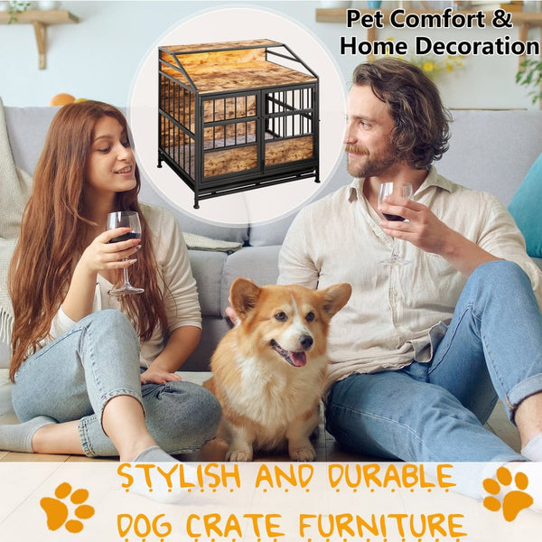English Elm Multi-function Wooden Dog Crate with Rgb Led Storage Console for Large Breeds W840P291740