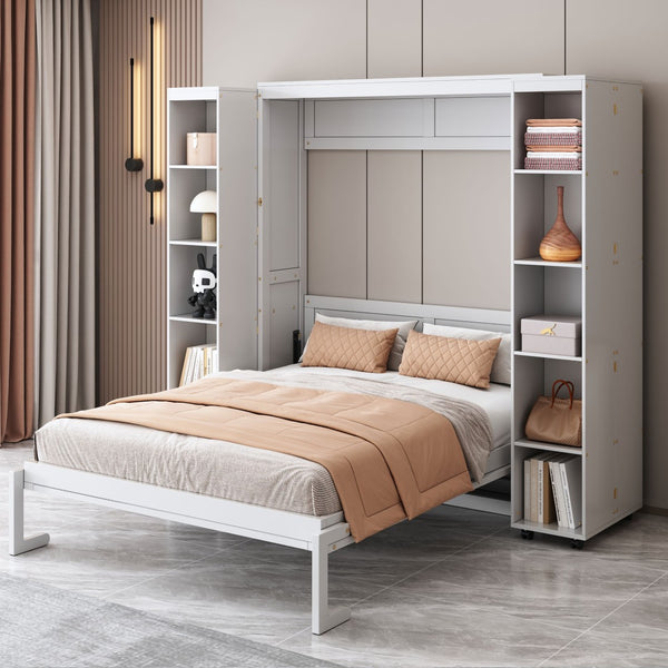 English Elm Queen Murphy Wall Bed with Hydraulic Lift and Push Pull Cabinet Storage Unit White LP000381AAK