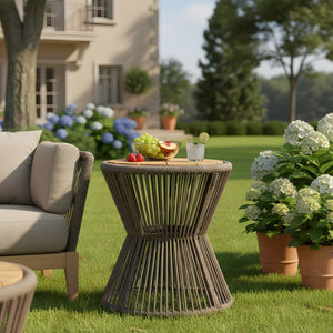 English Elm Outdoor Acacia Wood Top Side Table Woven Rope Iron Frame Hourglass Patio Accent Dark Grey,Teak N770P354690D