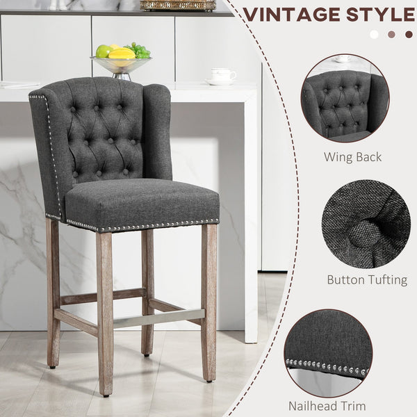 English Elm HOMCOM Vintage Button-Tufted Counter Stools Set of 2 with 180° Swivel, Solid Wood Footrests Dark Gray W2225P229765