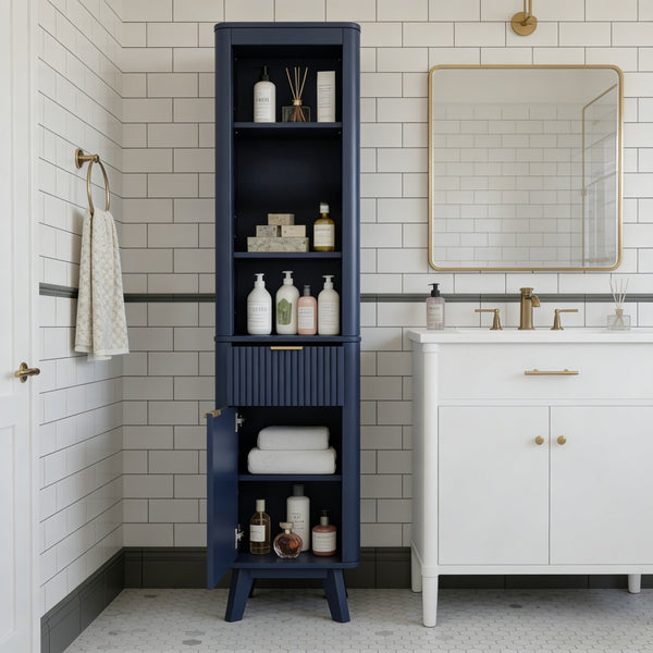 English Elm 68" Tall Fluted Freestanding Storage Cabinet with Drawer and Adjustable Shelf for Bathroom Blue N817P375218B