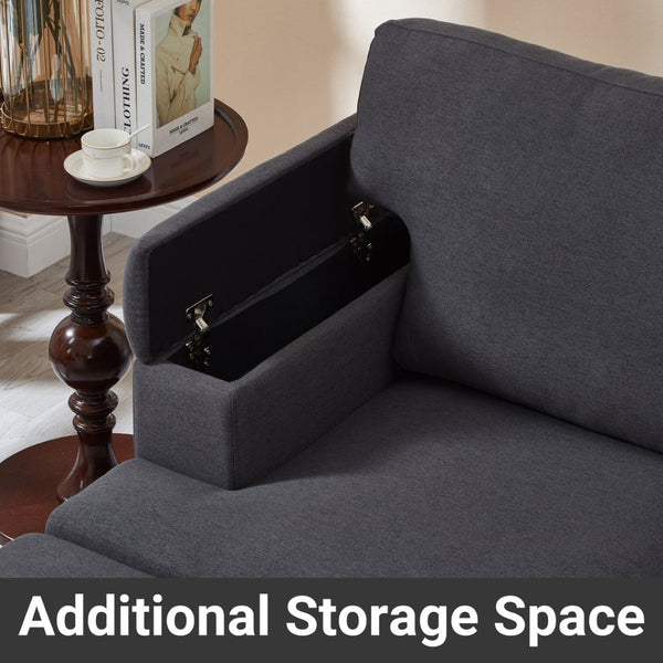 English Elm 86" Linen Sectional Sofa with Storage Ottoman Reversible Chaise for Small Spaces Dark Gray W1669S00038