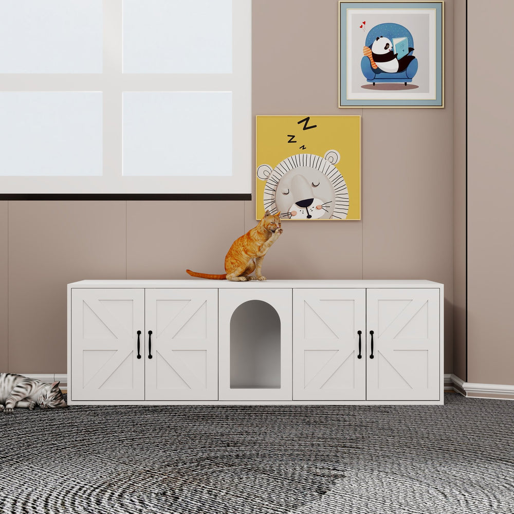 English Elm Litter Box Enclosure for 2 Cats with Double Room, Modern Wooden Cat Litter Furniture, White, 59" x 17.7" x 18.9" W282P196029