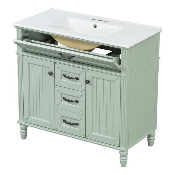 English Elm 36 Inch Bathroom Vanity with Ceramic Sink, Durable MDF & Solid Wood Frame, Soft-Close Doors, Luxe Handles, Ample Organized Storage, Modern Freestanding Design Green N725P314034F