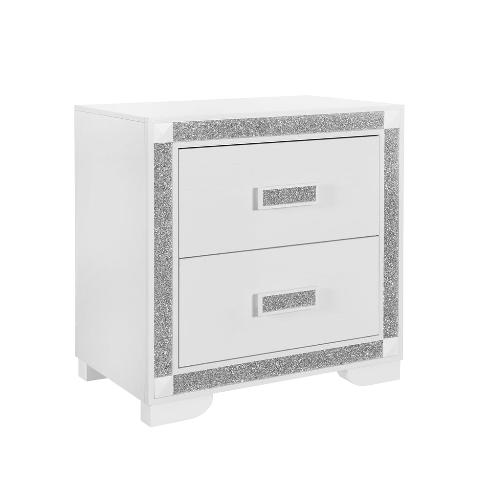 English Elm Soulmarie Solid Wood Nightstand with Spacious Drawers, Geometric Legs, Glitter Detail, Sturdy Contemporary Design White 29.92 L x 20.28 W x 28.35 H B201P410798