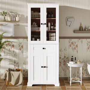 English Elm 67.2" Tall Bathroom Storage Cabinet with Tempered Glass Doors, Adjustable Shelves, Soft-Close Hinges and Anti-Tip Safety White N729P310006K