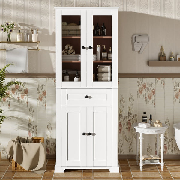 English Elm 67.2" Tall Bathroom Storage Cabinet with Tempered Glass Doors, Adjustable Shelves, Soft-Close Hinges and Anti-Tip Safety White N729P310006K