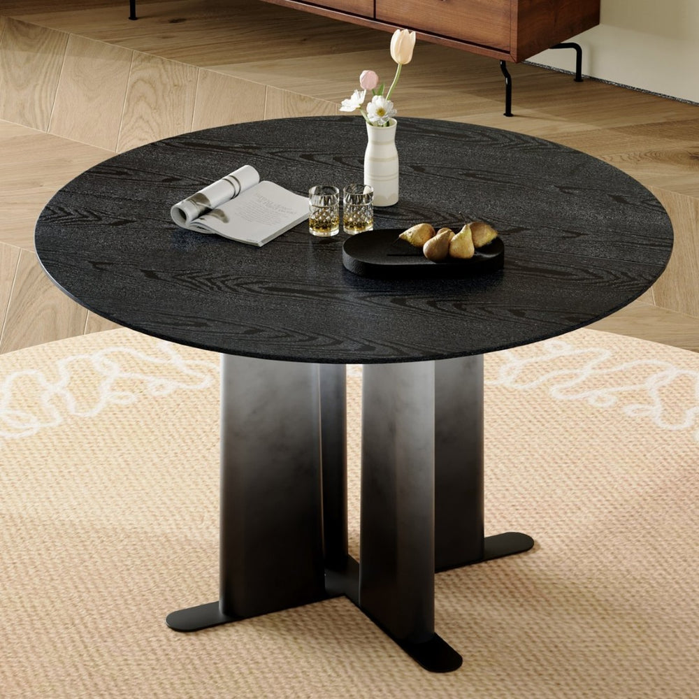 English Elm Round Mdf Dining Table with Gradient Cross Base Compact Modern Seating for Small Spaces Black W3875S00029