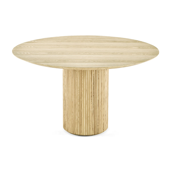 English Elm Fluted Piper Natural Wood Round Dining Table — Ash Top, Fluted Pillar Base, Warm Curved Silhouette, 56" Diameter B353S00001
