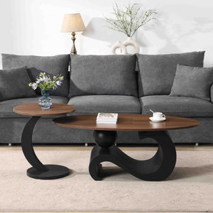English Elm Black Nesting Coffee Table Set of 2 with Oval & Round MDF Tops, S-Curve Metal Base, Anti-Slip Pads, Sturdy 132 lb Capacity, Modern Industrial Living Room Accent Piece W821S00028