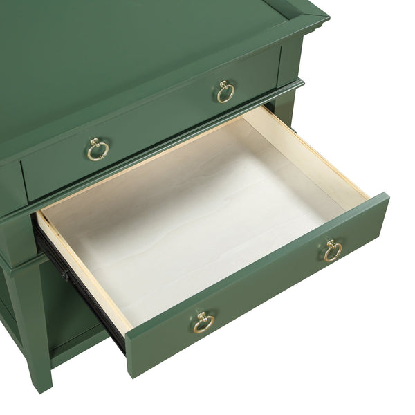 English Elm Carmona Midnight Blue Tray Top Nightstand with Two Drawers, Open Shelf, Brushed Gold Ring Pulls Antique Green B050P376936