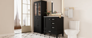 English Elm 67.57" Tall Matte Cabinet Vanity Combo with Glass Doors Soft-close Drawers Sink Black N729P000033B