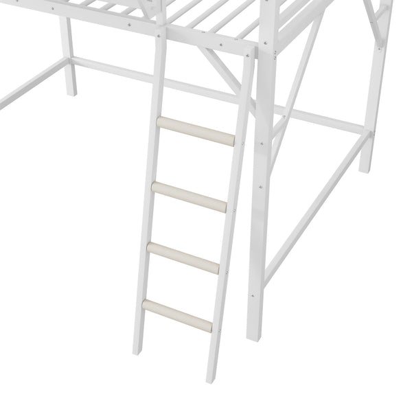 English Elm Queen Size Metal Loft Bed with Ladder and Built-In Storage Shelves, Sturdy High Bed for Teens 99" White W2580P379980