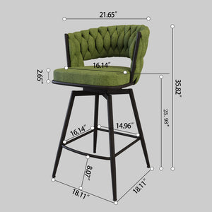 English Elm 26" Bar Chair Suede Woven Bar Stool Set of 2 with 360° Swivel, Plush Technical Leather, Sturdy Metal Base Green W2189P180369