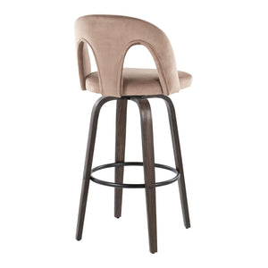English Elm Fixed-height Swivel Barstools Walnut Bentwood Taupe Velvet Seat Mid-century Set of 2 B202S01887