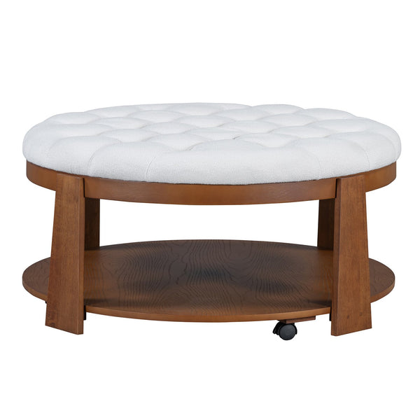 English Elm Modern Round Oversized Ottoman Coffee Table with Button Tufting, Waterproof Linen, Wheels & Lower Wood Shelf for Storage and Seating Ivory White N735P180224K