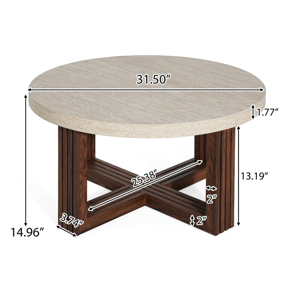 English Elm Round Marble Pattern Coffee Table with Cross Wood Base for Modern Living Rooms N770P365808M