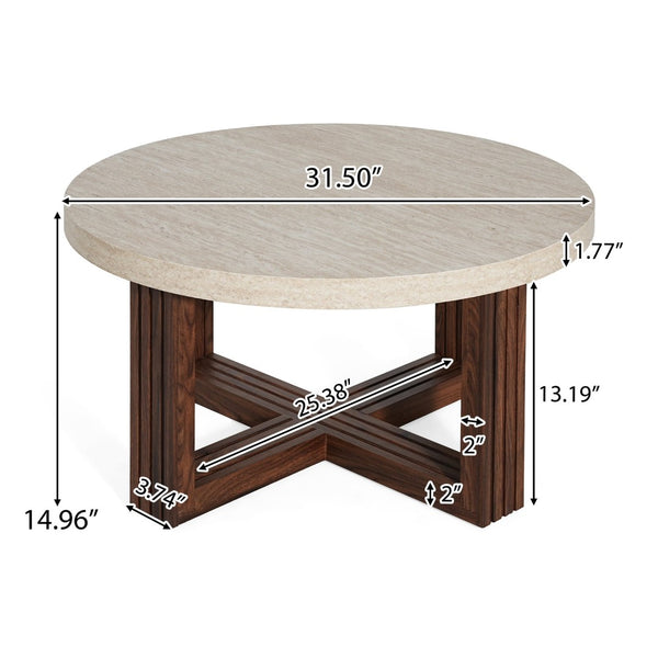 English Elm Round Marble Pattern Coffee Table with Cross Wood Base for Modern Living Rooms N770P365808M