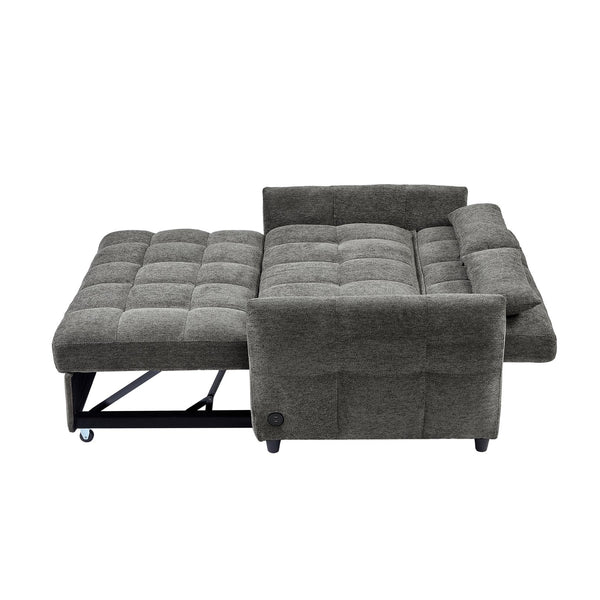 English Elm 52.8" Loveseat Sofa Pull-Out Bed with Adjustable Backrest, Tufted Chenille, 3 USB Ports & Pillows Grey N719S001710E
