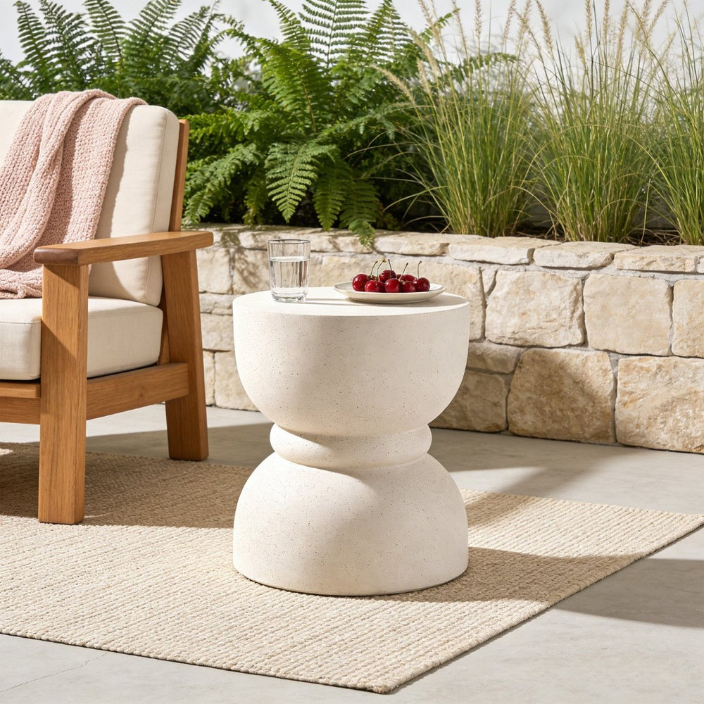 English Elm U_style Hourglass Mgo Concrete Outdoor Accent Table Sculptural Stone Texture Patio Decor Beige N711P422067K