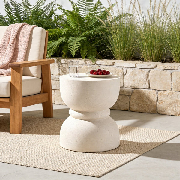 English Elm U_style Hourglass Mgo Concrete Outdoor Accent Table Sculptural Stone Texture Patio Decor Beige N711P422067K