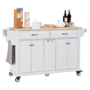English Elm Kitchen Island Rubber Wood Countertop Mobile Cart with Towel & Spice Racks, Drawers, Storage Wheels White W914P147990