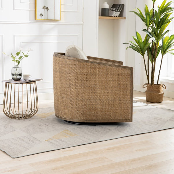 English Elm Swivel Barrel Chair Faux Leather Rattan Accent Seat with 360 Base for Living Room W395102741