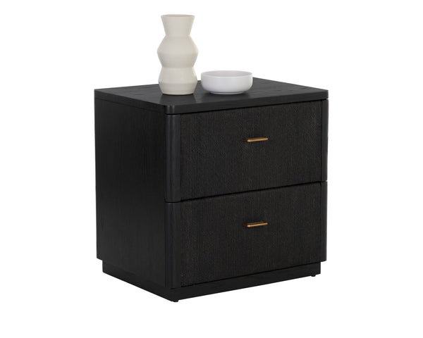 Sunpan Etienne Nightstand: Elegant Linear Design with Antique Brass Handles & Unique Wood Character Elements Black