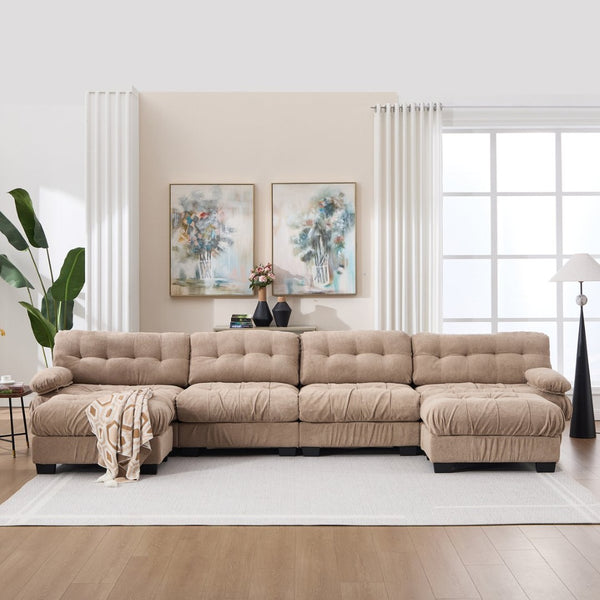 English Elm U Shaped Modular Cloud Sectional with Plush Flannelette Upholstery Deep Seat Living Room Sofa Light Brown W2120S00050