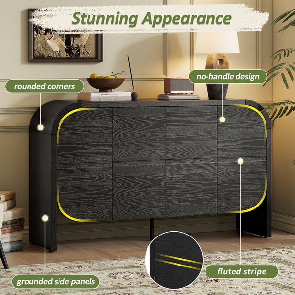 English Elm TREXM Retro Buffet Cabinet with 4 Doors, Curvy Edge Sideboard, Adjustable Shelves, Black/Natural Finish N715P228110B