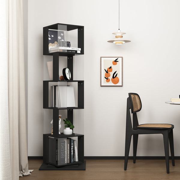 English Elm 5 tier rotating bookshelf with 360° swivel, large-capacity wood veneer rack with acrylic shelves and anti-tip base Black W409P167481