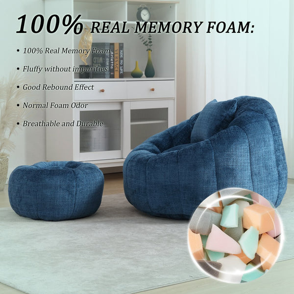 English Elm UNITED Cloud-Luxe Chenille Memory Foam Bean Bag Chair with Ottoman and Pillow for Ultimate Comfort Peacock Blue W1568P361694