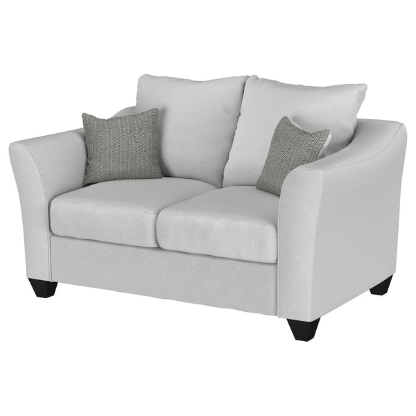 English Elm Alcazar Sand Track Arm Loveseat in Gray Mist Upholstery with Toss Pillows, Plush Firm Cushions, Modern Style B062P354052
