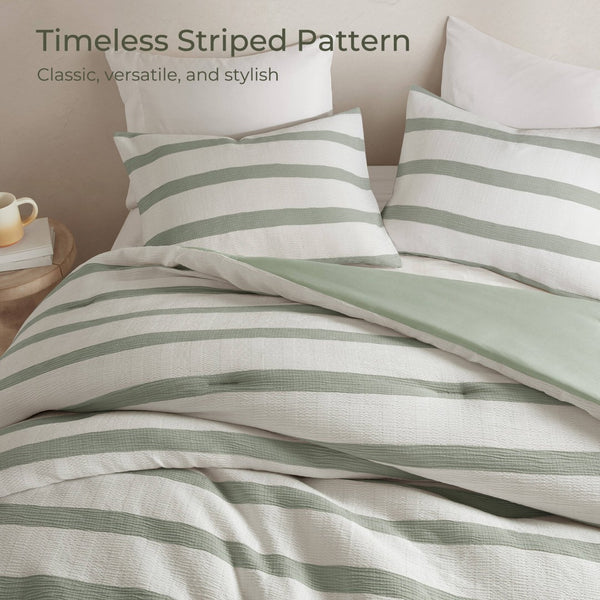 English Elm 3-piece Yarn-dyed Striped Comforter Set Full Queen Seersucker Weave Coastal Bedding B035P463222